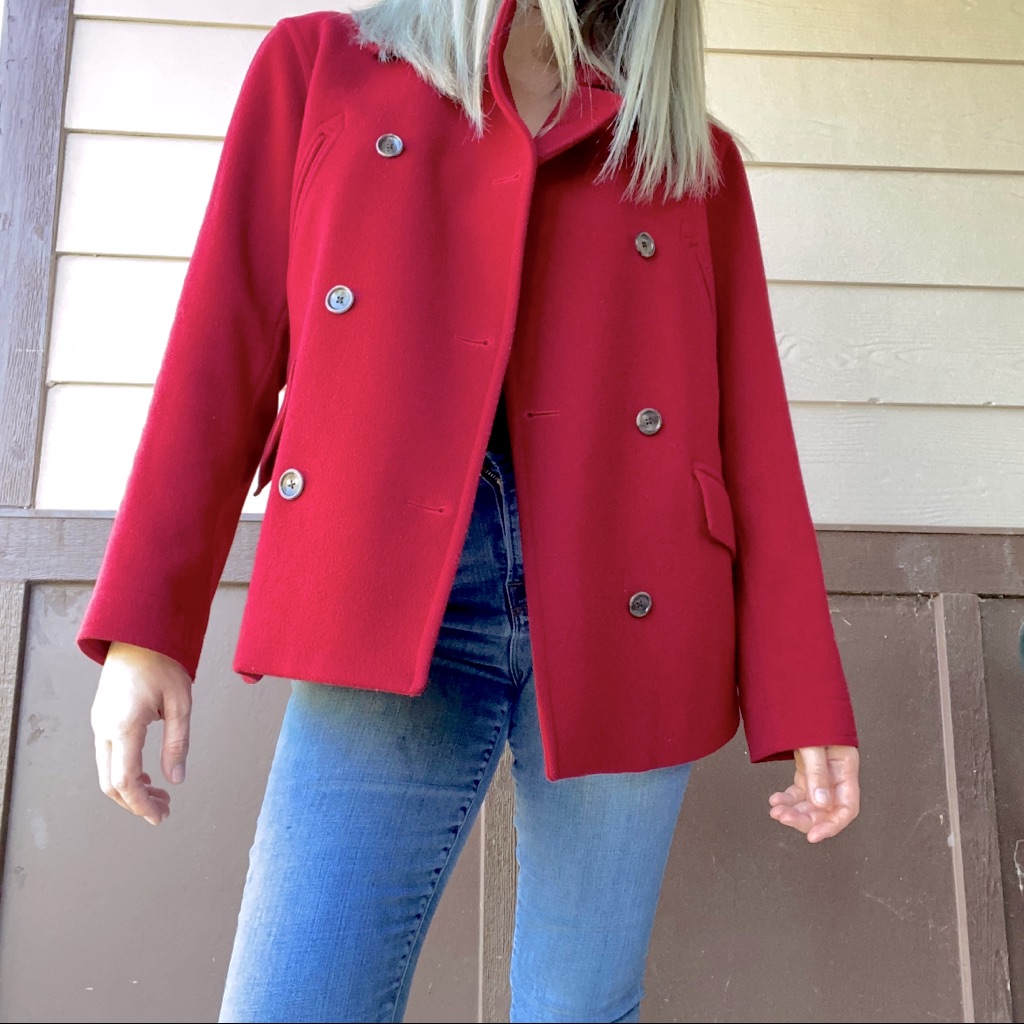 J Crew Double Breasted Short Red Peacoat Medium W/Pockets Dry Cleaned!